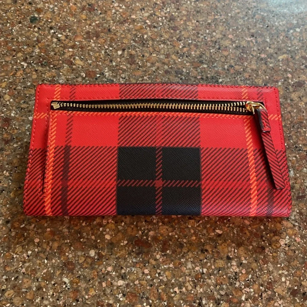 kate spade Red Black Plaid Continental Zip Wallet